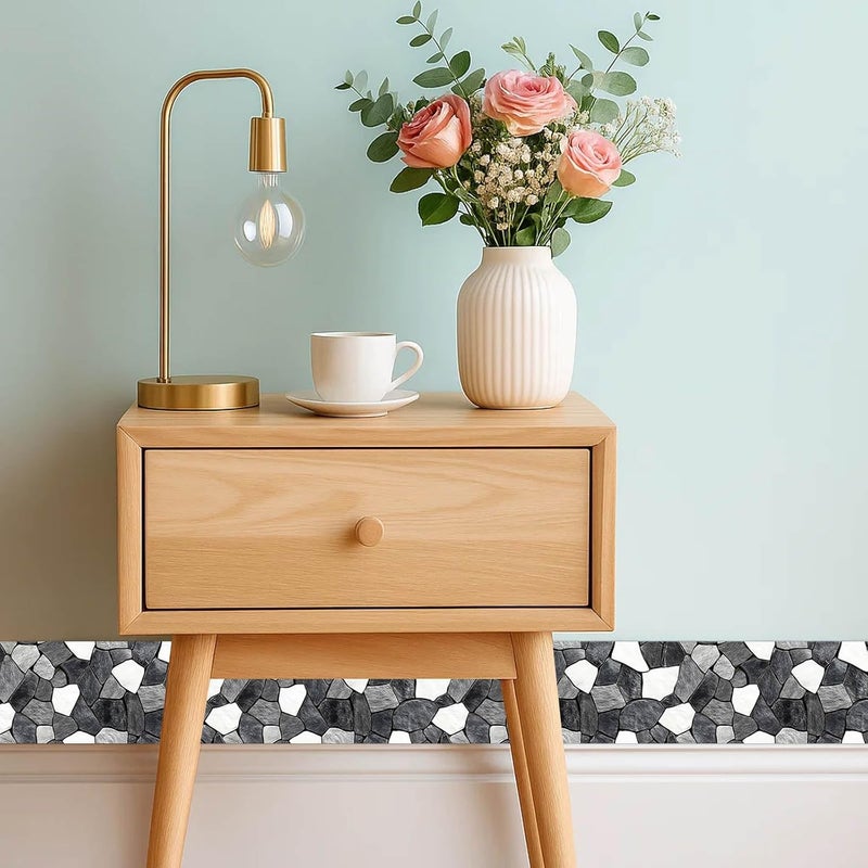 IVN Wallpaper Border Black White Stone Pattern Design 4x196 Inch Peel and Stick Wallpaper Border for Mirror Frame Bathroom Laundry Room Pool Area Living Room Wall Decor - Image 2